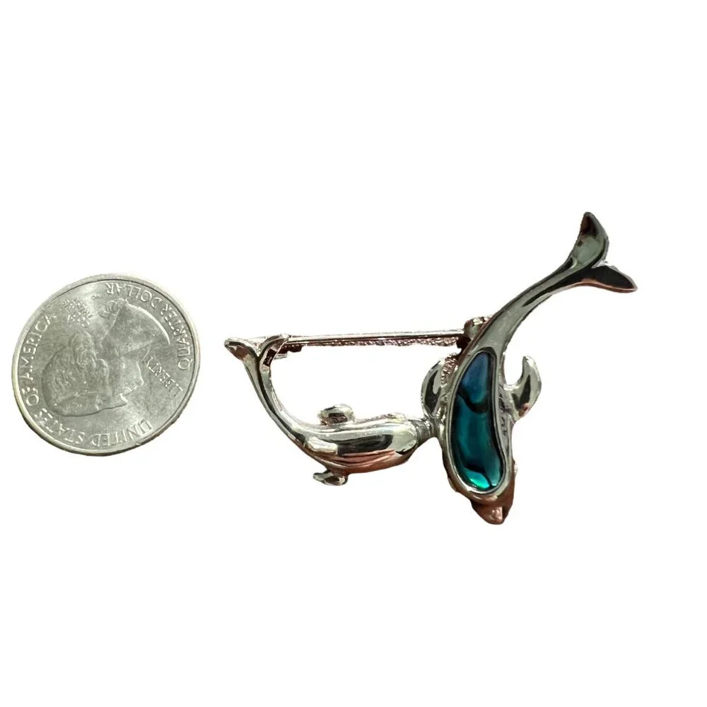Dolphin Brooch Silver Tone Two Porpoise‎ Ocean Beach Marine Life Pin